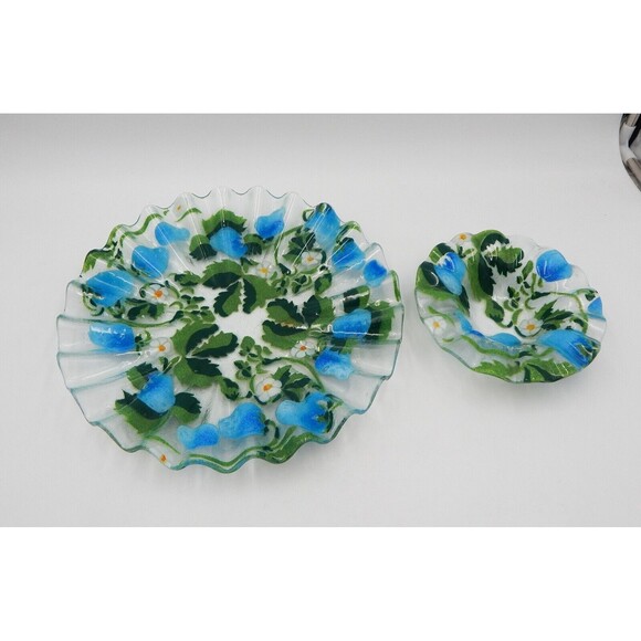 Sydenstricker Blue Strawberry Fused Glass Plate Bowl Ruffled Edge 2 PC Signed - Picture 2 of 11